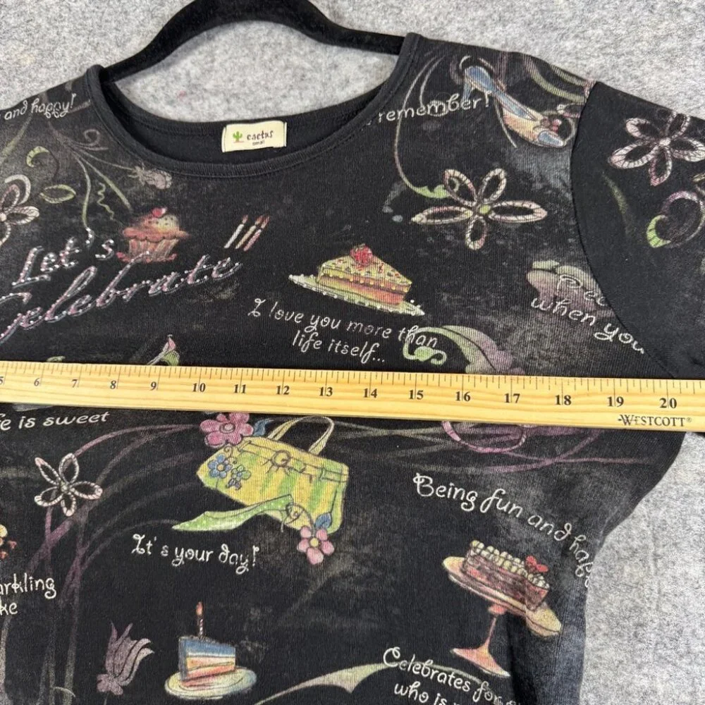 Cactus Y2K Small Celebrate Graphic Tee Black Art Print Long Sleeve Top Festival - Picture 7 of 13